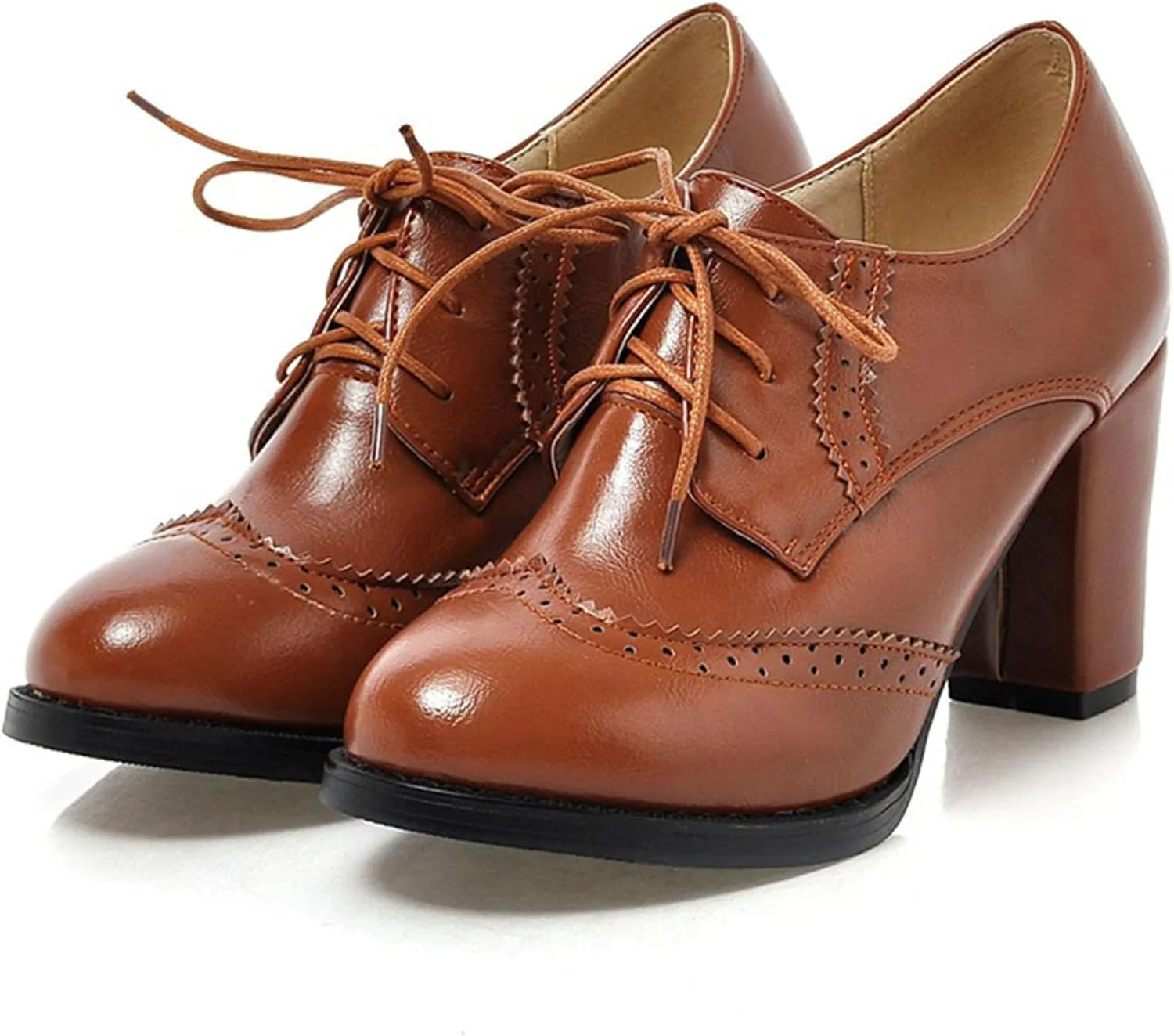 SHEMEE Retro Wingtip Oxfords for Women Chunky Block Heels Brogues Saddle Shoes Round Toe Lace Up Pumps Thick High Heeled Booties