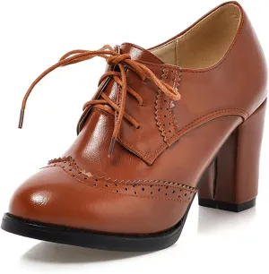 SHEMEE Retro Wingtip Oxfords for Women Chunky Block Heels Brogues Saddle Shoes Round Toe Lace Up Pumps Thick High Heeled Booties
