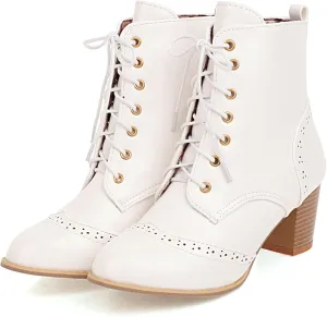 SHEMEE Women's Wingtip Block Heels Ankle Boots Lace-Up Stacked Chunky Heel Booties Round Toe Short Boots