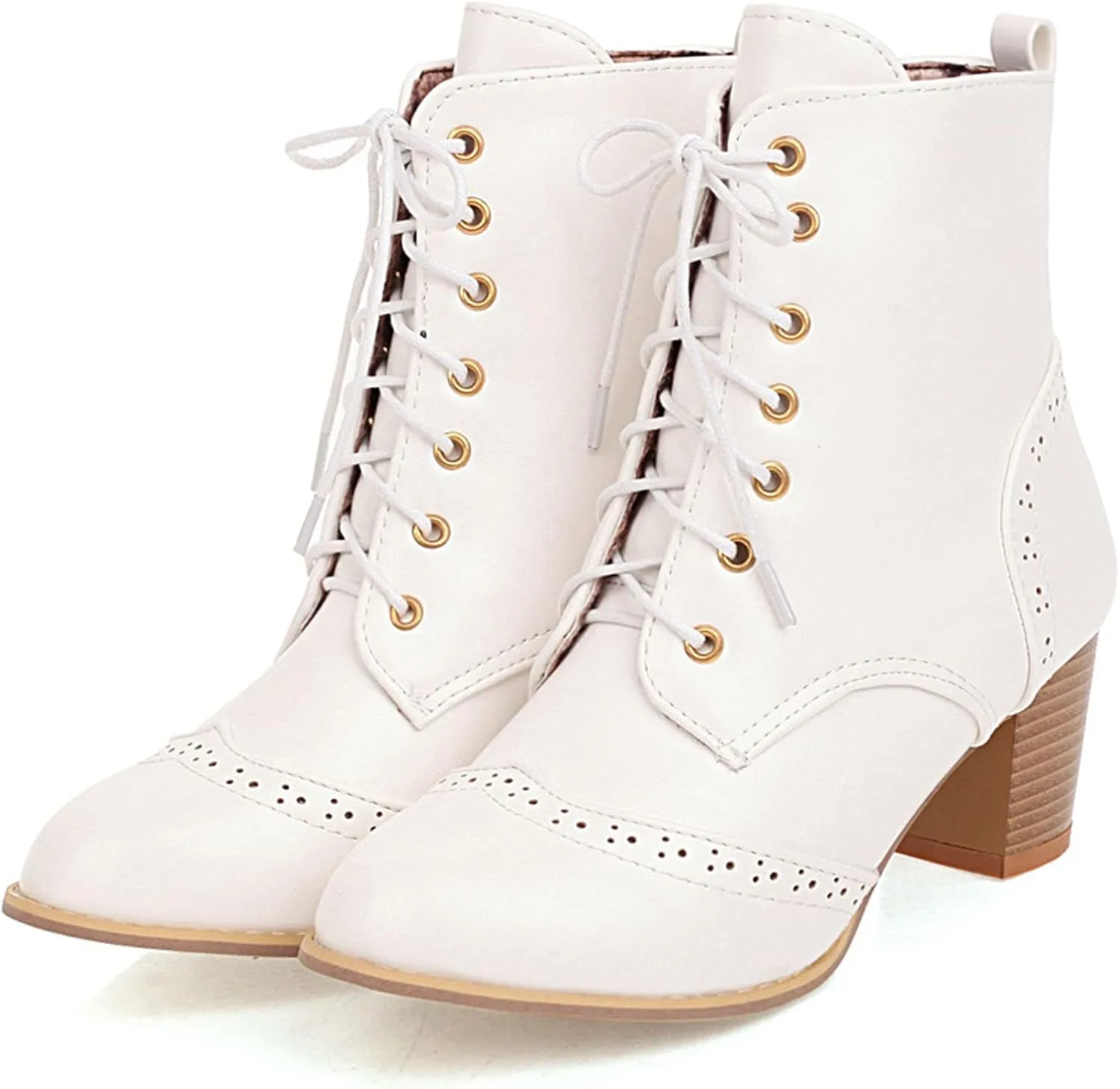 SHEMEE Women's Wingtip Block Heels Ankle Boots Lace-Up Stacked Chunky Heel Booties Round Toe Short Boots