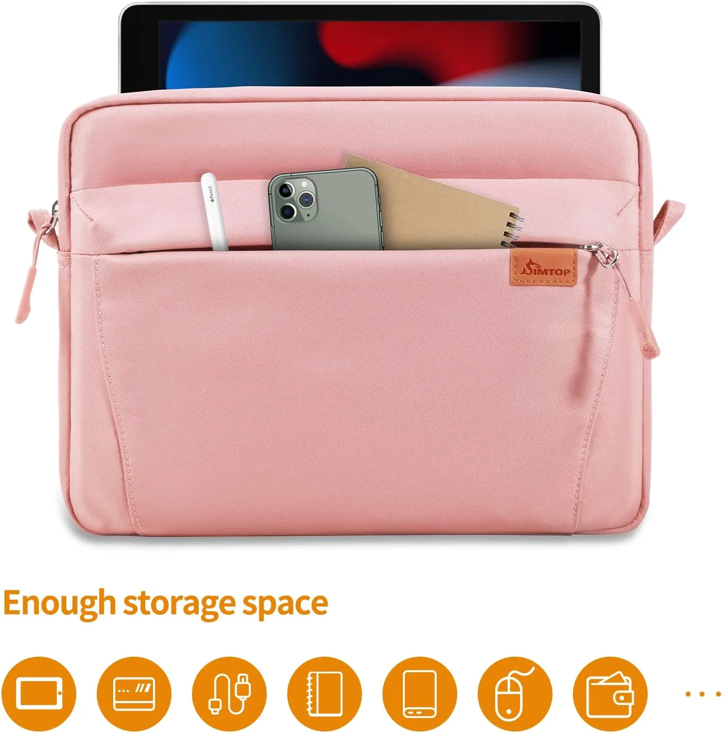 SIMTOP Tablet Sleeve Bag, 11 inch Daily Shoulder Bag for Tablet, Waterproof Crossbody Bag with Smart Organization for Accessories, Essentials Lightweight, YKK Zipper Bag, Polyester (Pink)