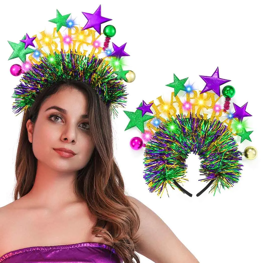 Sixexey Mardi Gras Headband Light Up Headbands LED Star Hair Bands Mardi Gras New Orlean Parade Carnival Festival Hair Accessories for Women