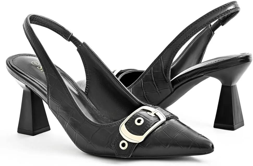 Slingback Kitten Heels for Women Closed Pointed Toe Pumps Dress Shoes with Buckle Strap Comfortable Slip On Sandal Heels for Work Party Wedding