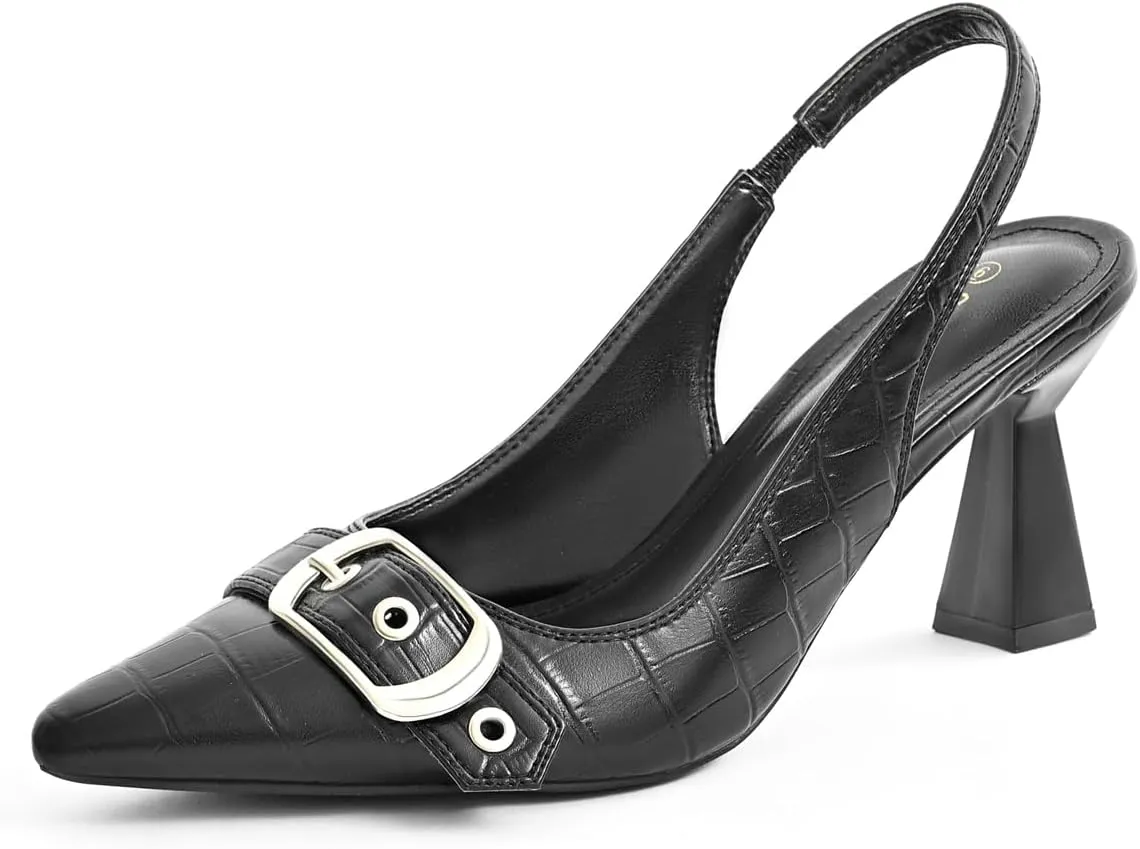 Slingback Kitten Heels for Women Closed Pointed Toe Pumps Dress Shoes with Buckle Strap Comfortable Slip On Sandal Heels for Work Party Wedding