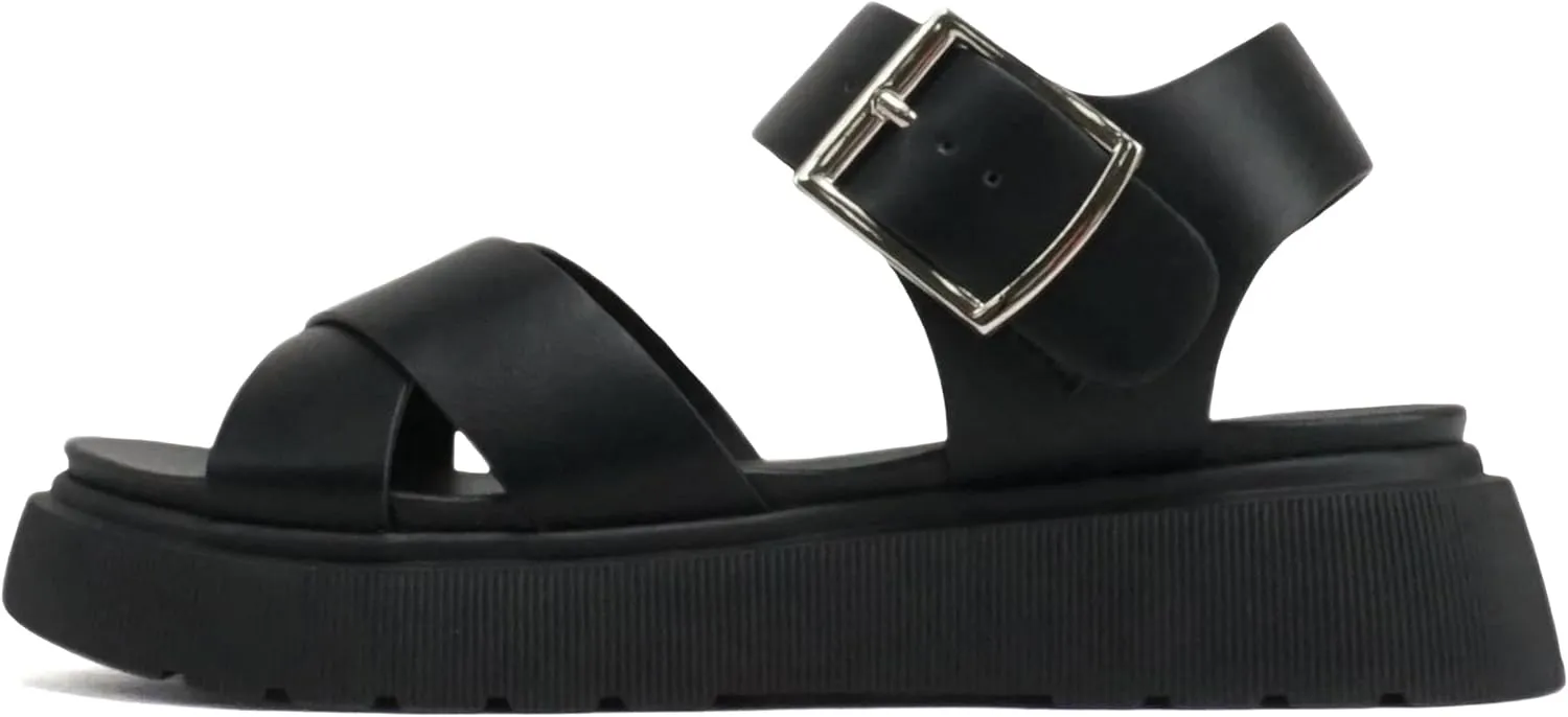 Soda “Carter” ~ Women Open Round Toe Crisscross Upper Lug Sole Platform Sandal with Adjustable Ankle Strap