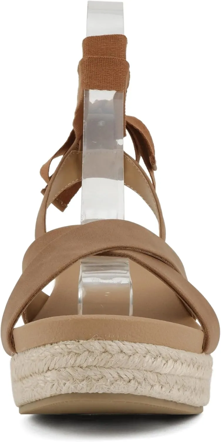 Soda “Donnie” ~ Women Open Round Toe Crisscross Band Low Heel Espadrille Wedge Sandal with Adjustable Ankle Strap