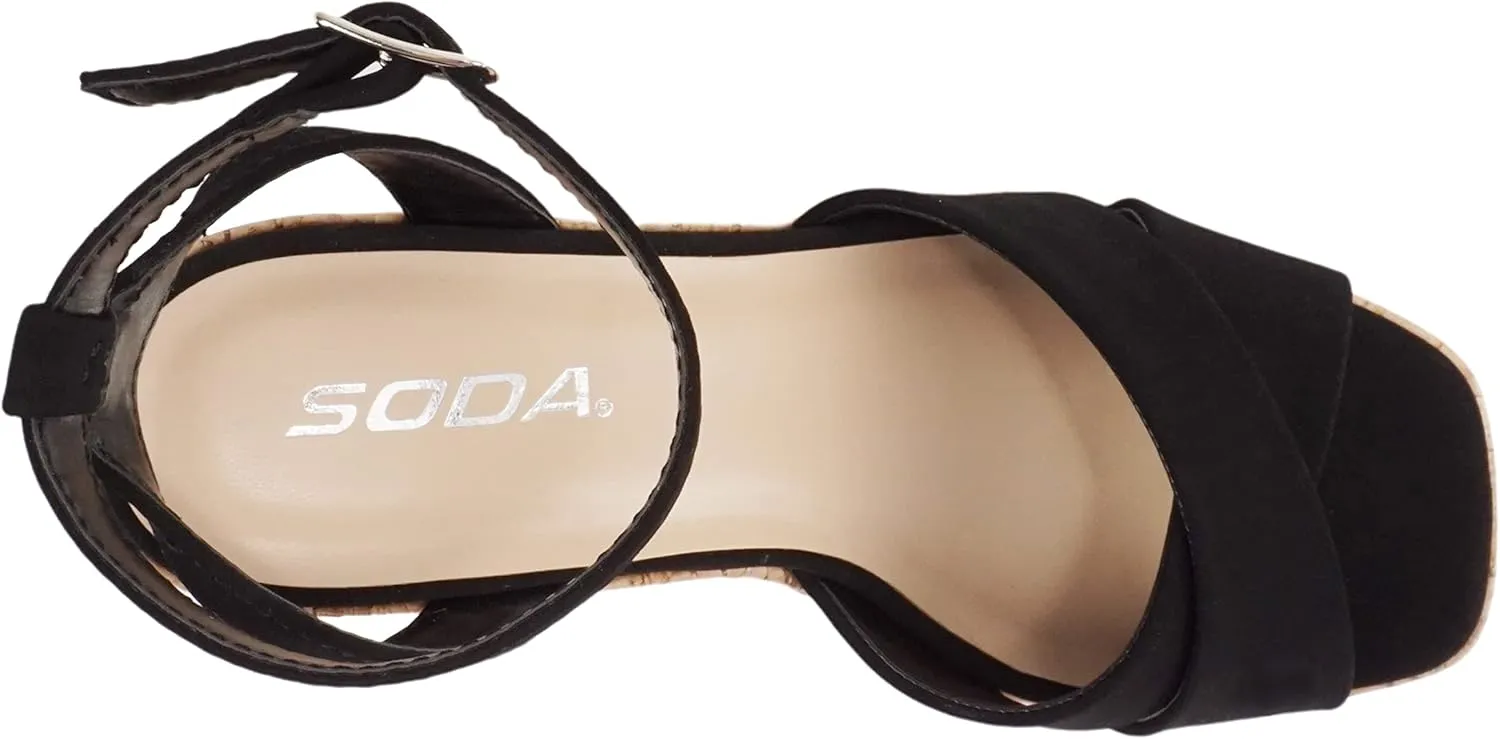Soda “FUNKIE” ~ Women Open Square Toe Crisscross Band Ankle Strap Chunky High Heel Notch Wedge Sandal