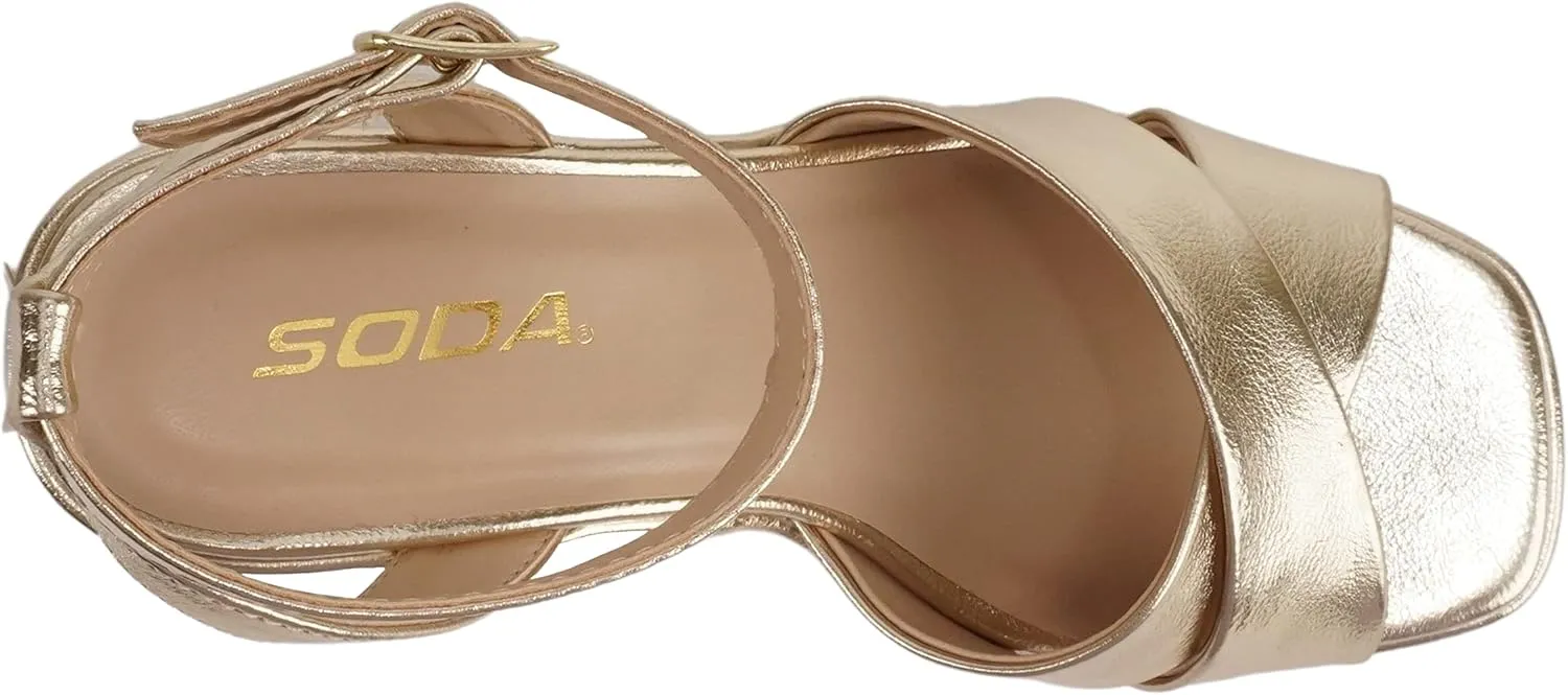 Soda “FUNKIE” ~ Women Open Square Toe Crisscross Band Ankle Strap Chunky High Heel Notch Wedge Sandal