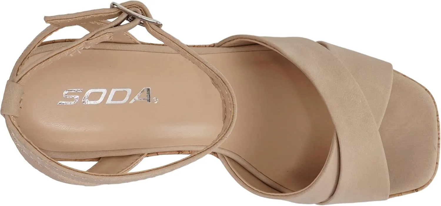 Soda “FUNKIE” ~ Women Open Square Toe Crisscross Band Ankle Strap Chunky High Heel Notch Wedge Sandal