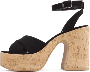Soda “FUNKIE” ~ Women Open Square Toe Crisscross Band Ankle Strap Chunky High Heel Notch Wedge Sandal