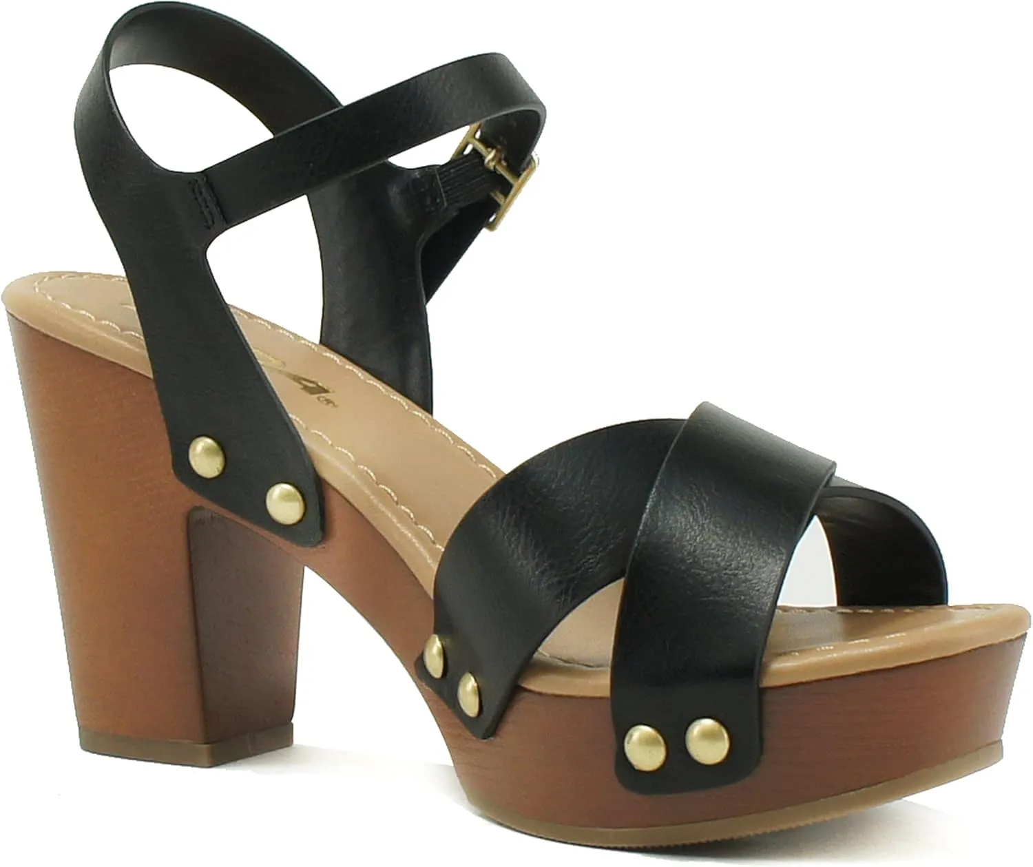 Soda MIGUEL ~ Women Crisscross Band Fashion Chunky Platform Block Mid Heel Sandal with Ankle Strap and Stud