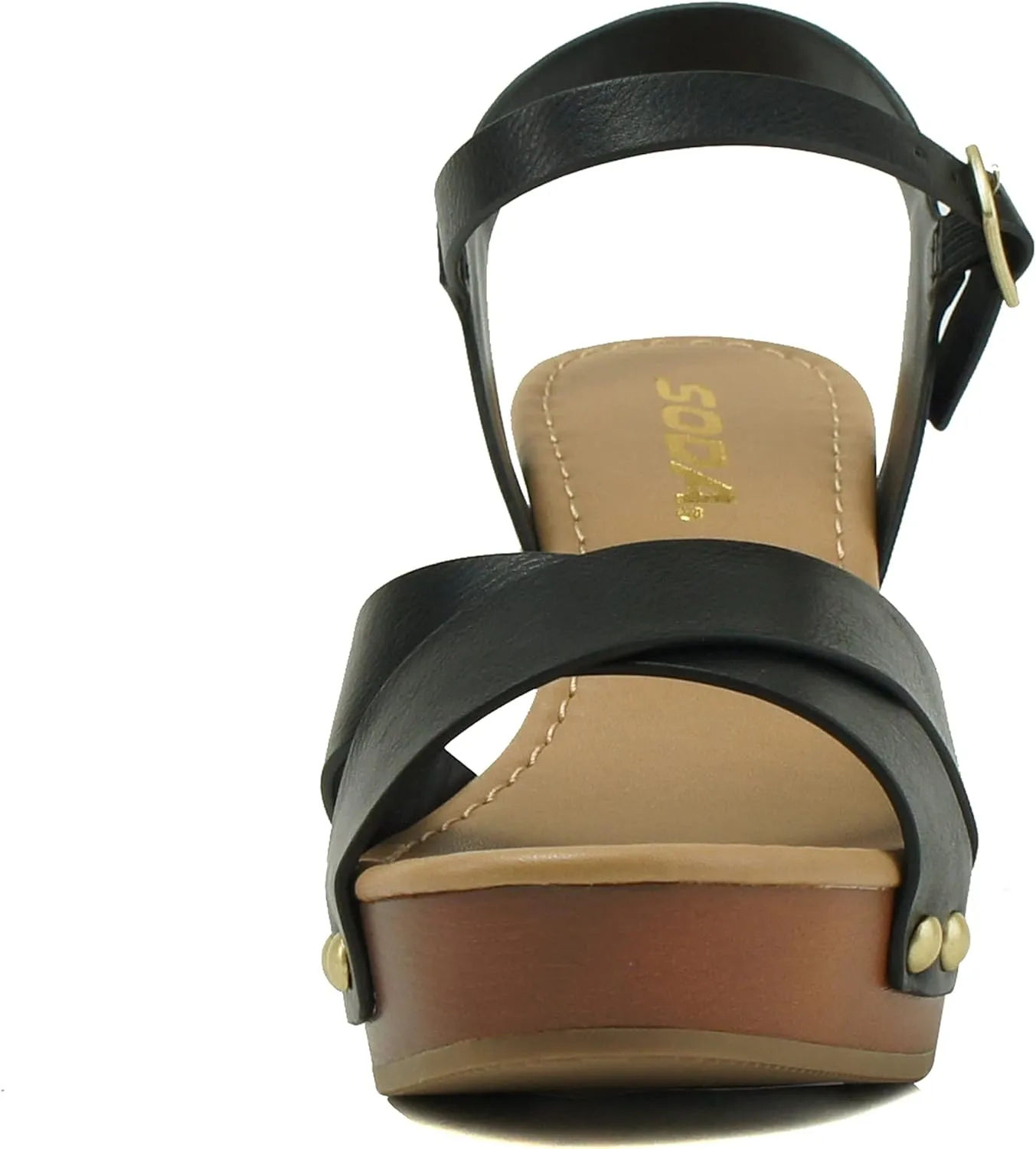 Soda MIGUEL ~ Women Crisscross Band Fashion Chunky Platform Block Mid Heel Sandal with Ankle Strap and Stud