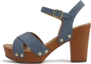 Soda MIGUEL ~ Women Crisscross Band Fashion Chunky Platform Block Mid Heel Sandal with Ankle Strap and Stud