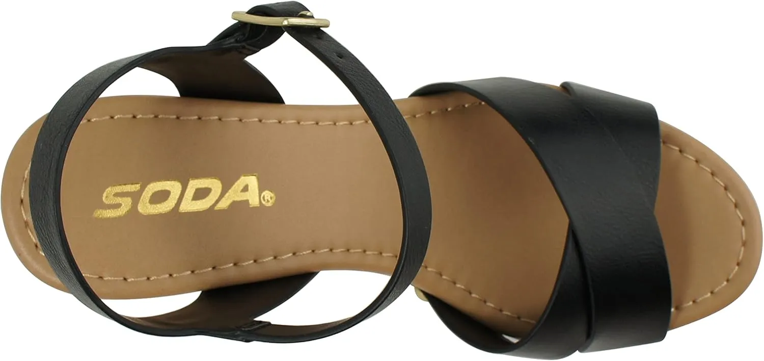 Soda MIGUEL ~ Women Crisscross Band Fashion Chunky Platform Block Mid Heel Sandal with Ankle Strap and Stud