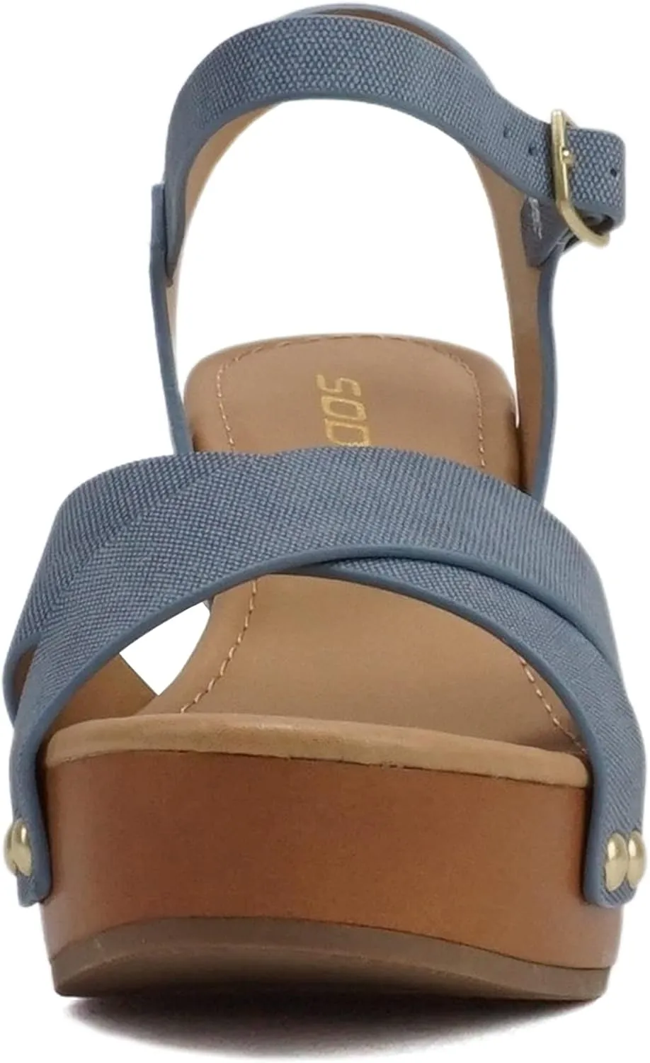 Soda MIGUEL ~ Women Crisscross Band Fashion Chunky Platform Block Mid Heel Sandal with Ankle Strap and Stud