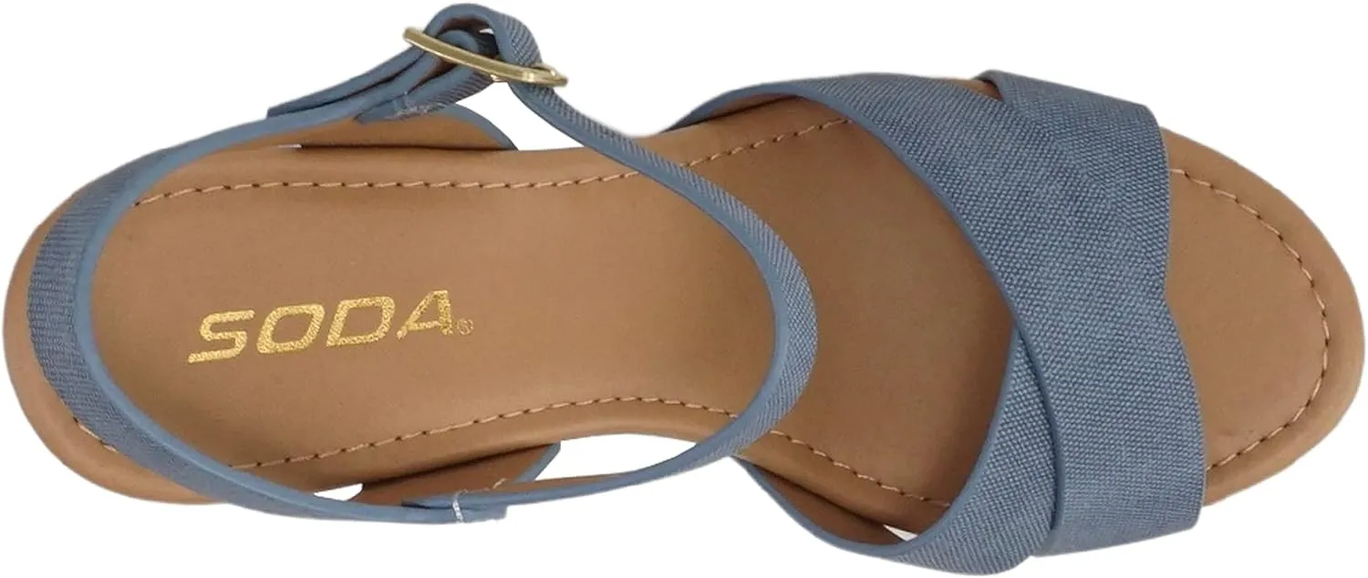 Soda MIGUEL ~ Women Crisscross Band Fashion Chunky Platform Block Mid Heel Sandal with Ankle Strap and Stud