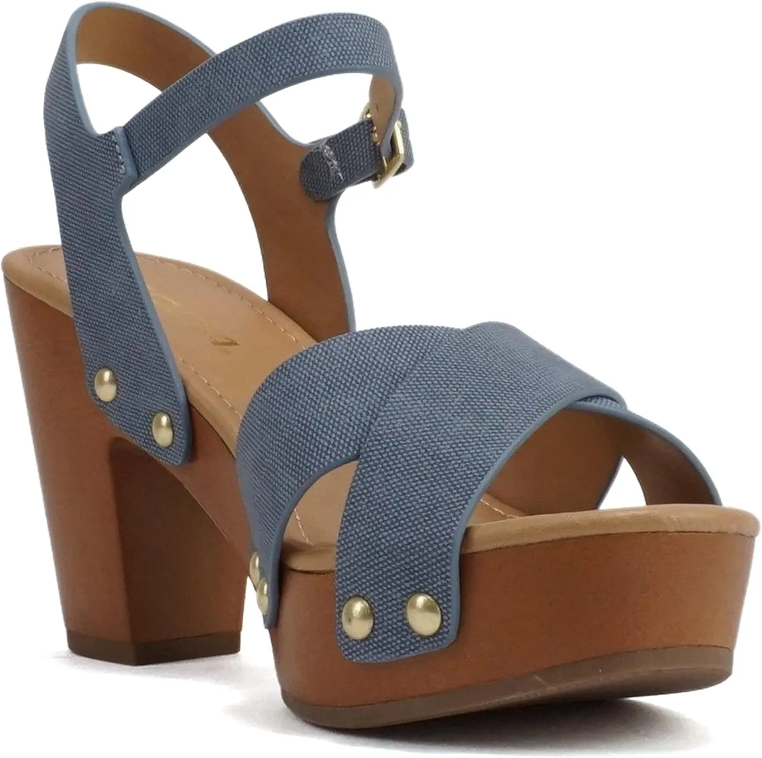 Soda MIGUEL ~ Women Crisscross Band Fashion Chunky Platform Block Mid Heel Sandal with Ankle Strap and Stud