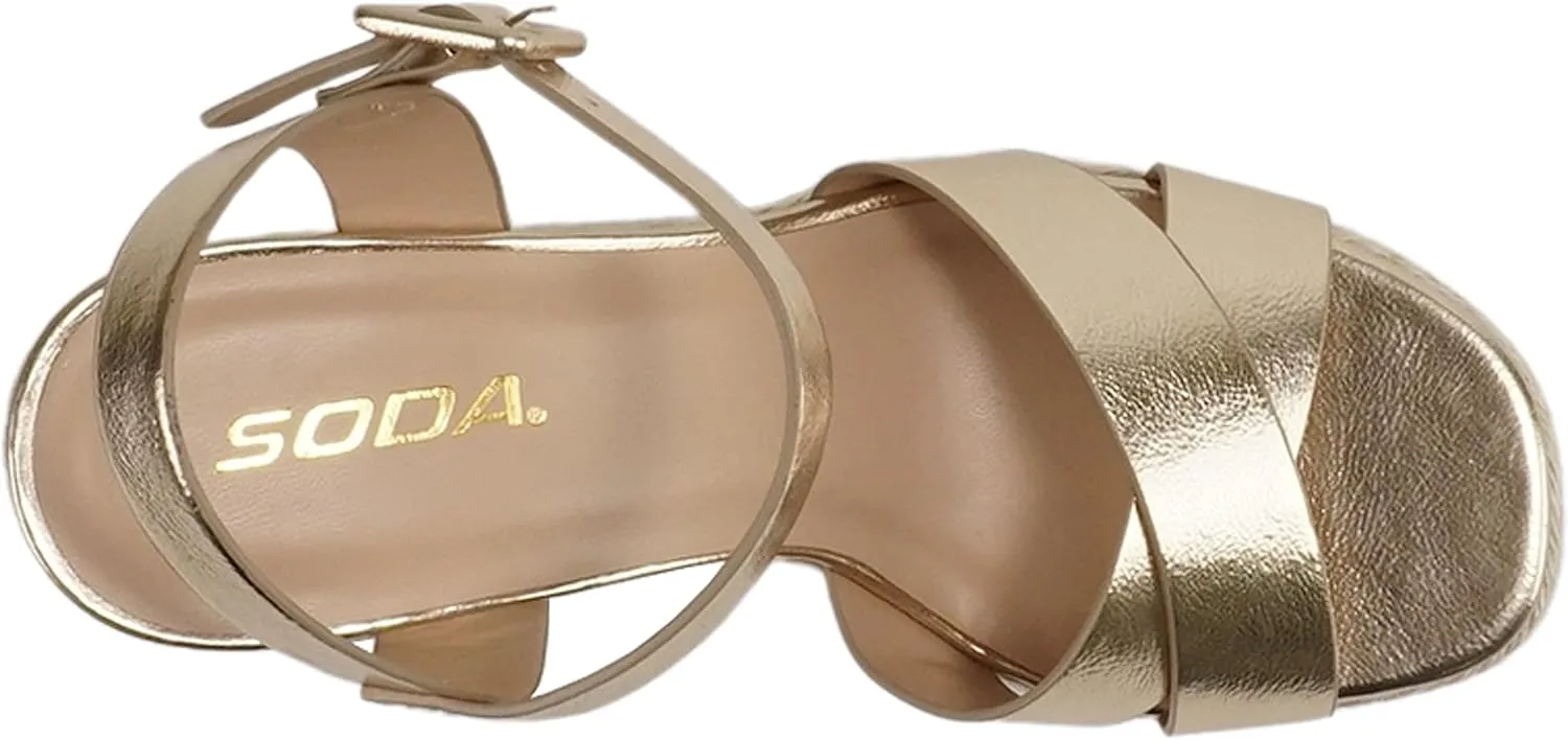 Soda “NOBLE” ~ Women Open Square Toe Crisscross Band Ankle Strap High Heel Espadrille Notch Wedge Sandal
