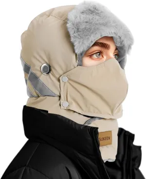 Sukeen Trapper Hats Windproof Winter Hat Water Repellent‌ Warm Hat Lightweight Earflap Hat with Mask for Cold Snow Weather