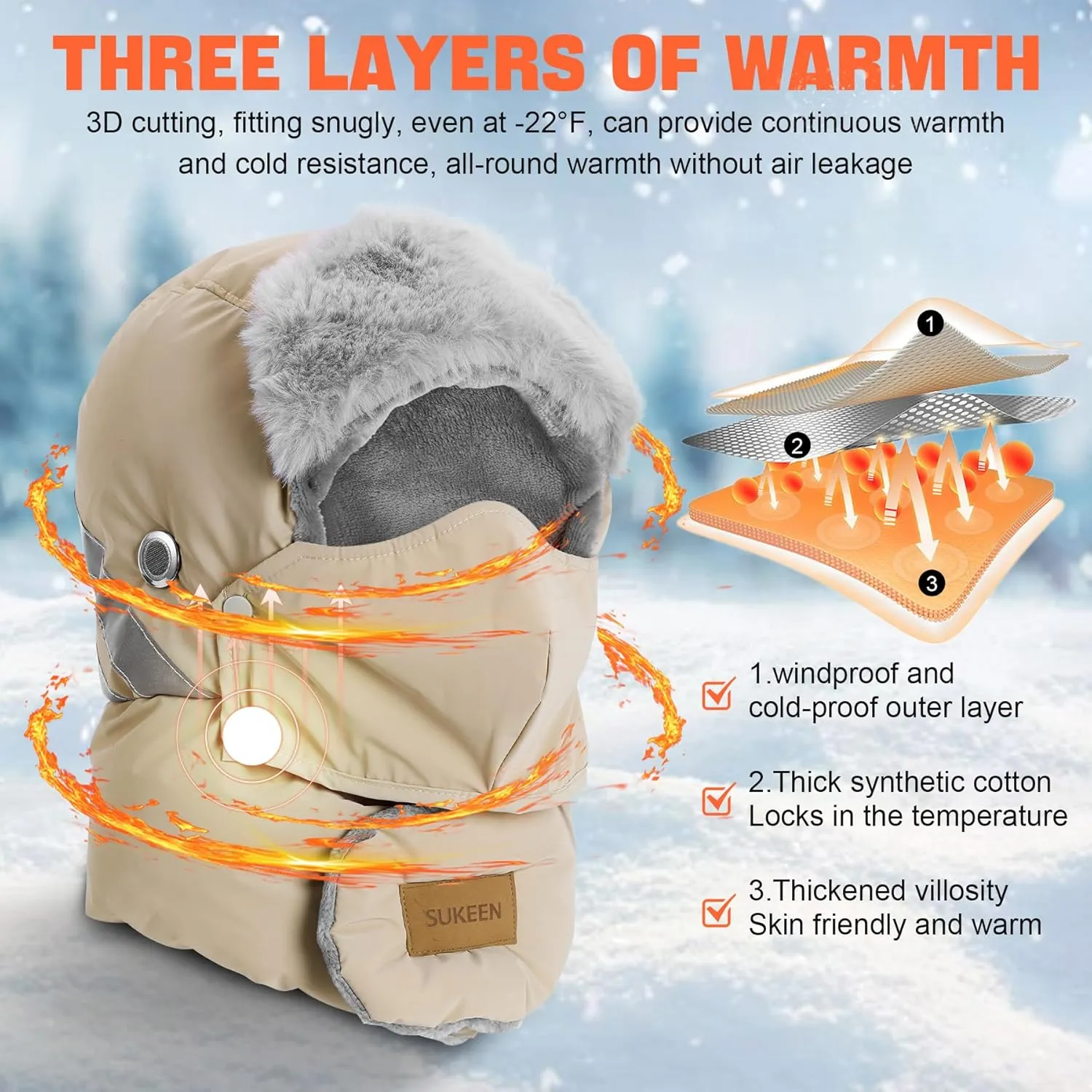 Sukeen Trapper Hats Windproof Winter Hat Water Repellent‌ Warm Hat Lightweight Earflap Hat with Mask for Cold Snow Weather