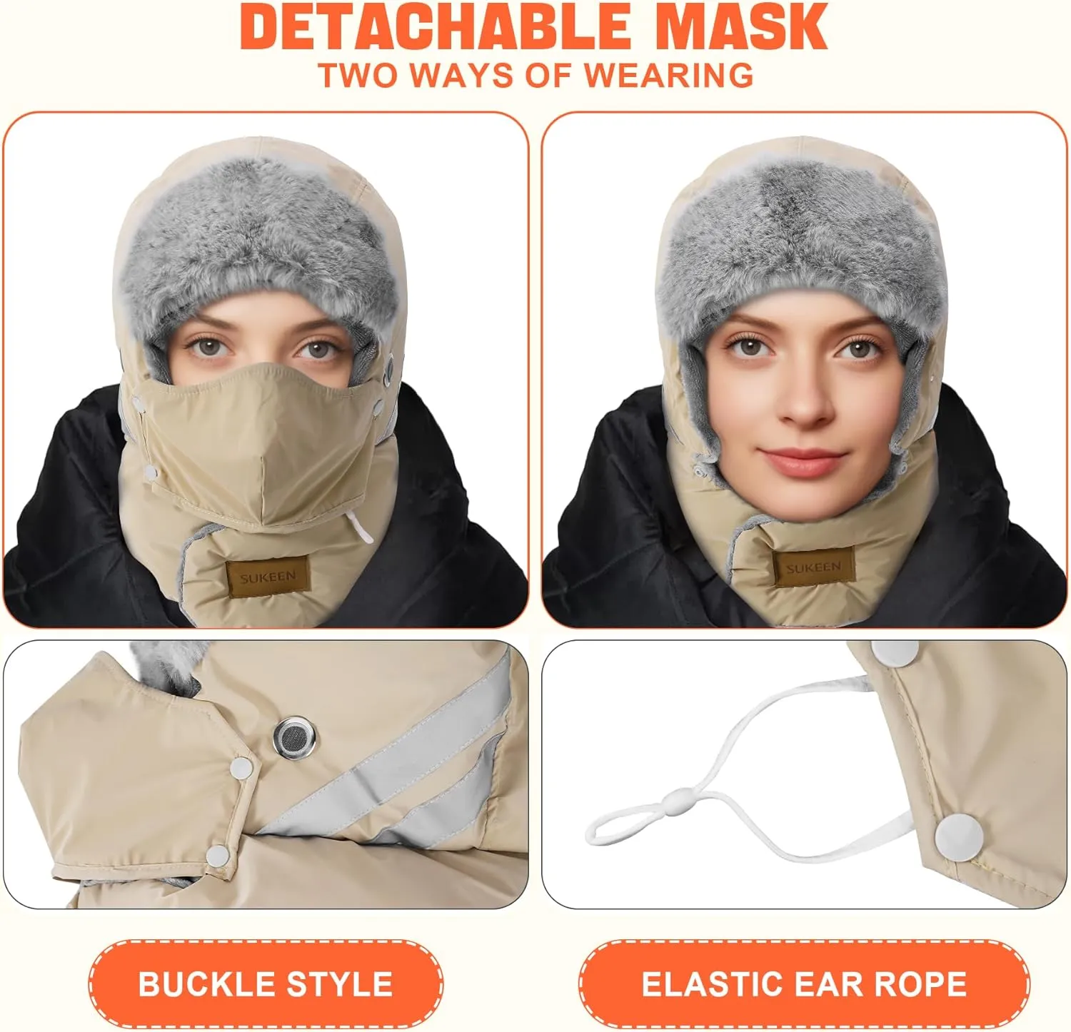 Sukeen Trapper Hats Windproof Winter Hat Water Repellent‌ Warm Hat Lightweight Earflap Hat with Mask for Cold Snow Weather