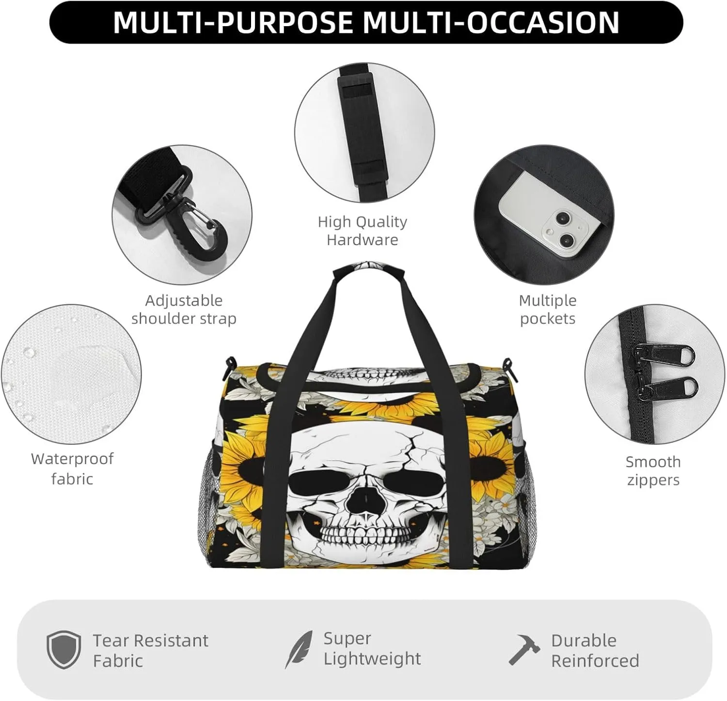 Sunflower Sugar Skull Travel Duffel Bag with Strap Multi Pockets Sports Bag Handbag Large Shoulder Bag for Gym Weekend Fitness Camping