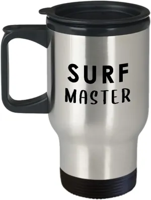 Surf Master Themed Travel Mug Insulated Coffee Tumbler - Gifts for Surfer Surfing Enthusiast Beach Lover Outdoor Water Sports Hobby Funny Cute Gag Idea