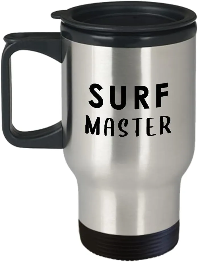 Surf Master Themed Travel Mug Insulated Coffee Tumbler - Gifts for Surfer Surfing Enthusiast Beach Lover Outdoor Water Sports Hobby Funny Cute Gag Idea
