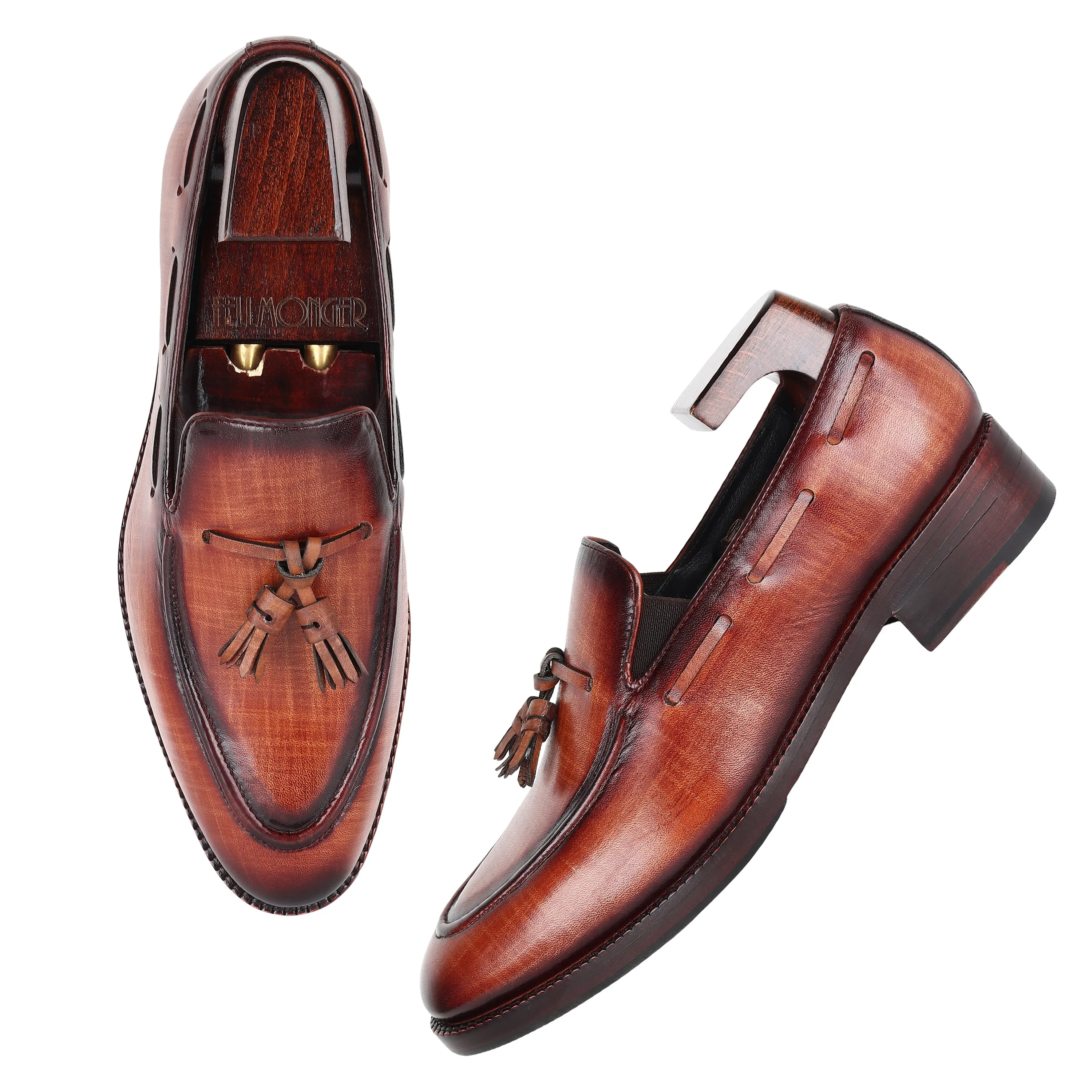 Tan Mirror Glossed Check Patina Tassel Loafer