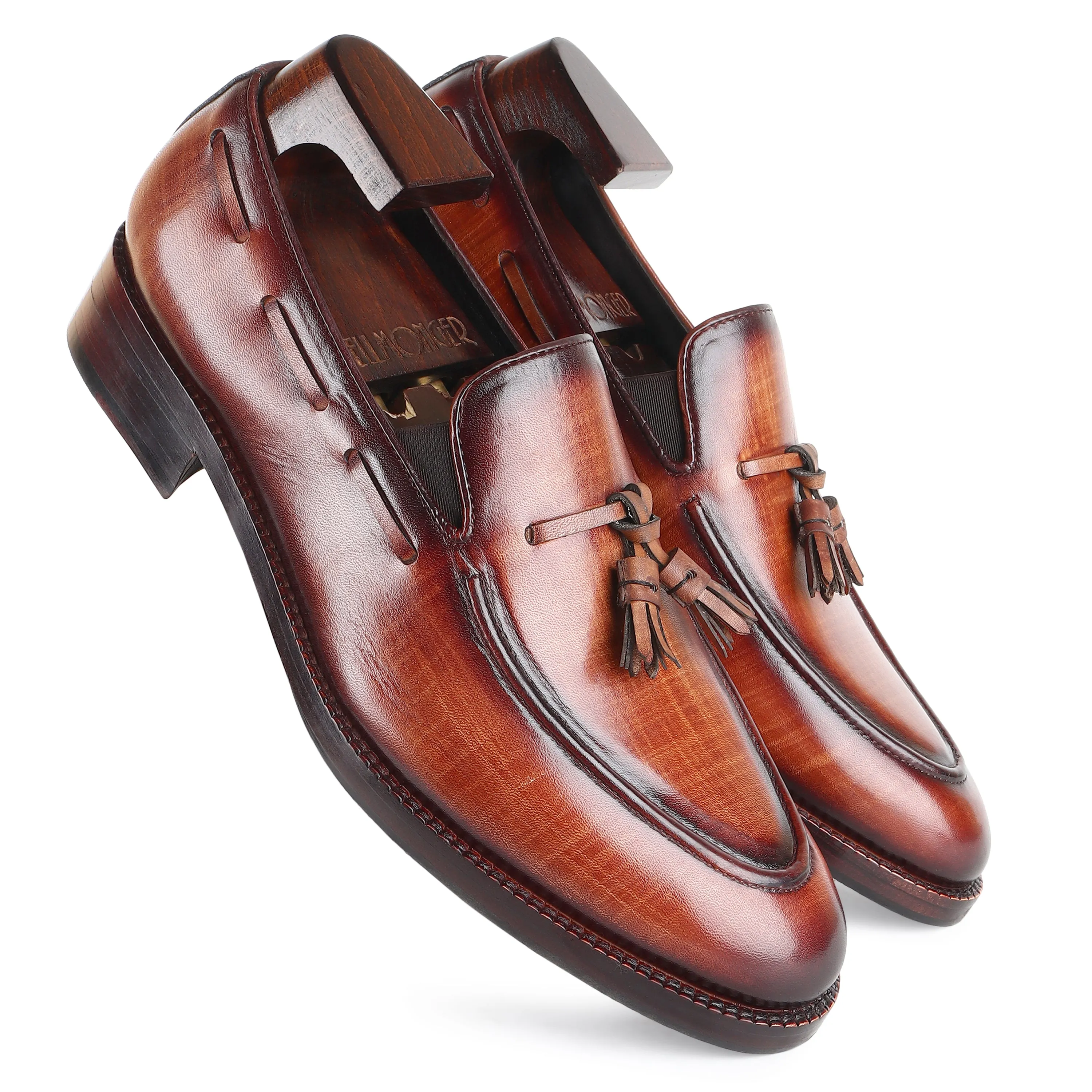 Tan Mirror Glossed Check Patina Tassel Loafer