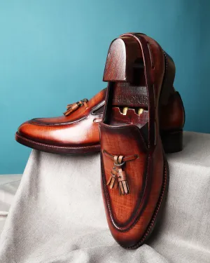 Tan Mirror Glossed Check Patina Tassel Loafer