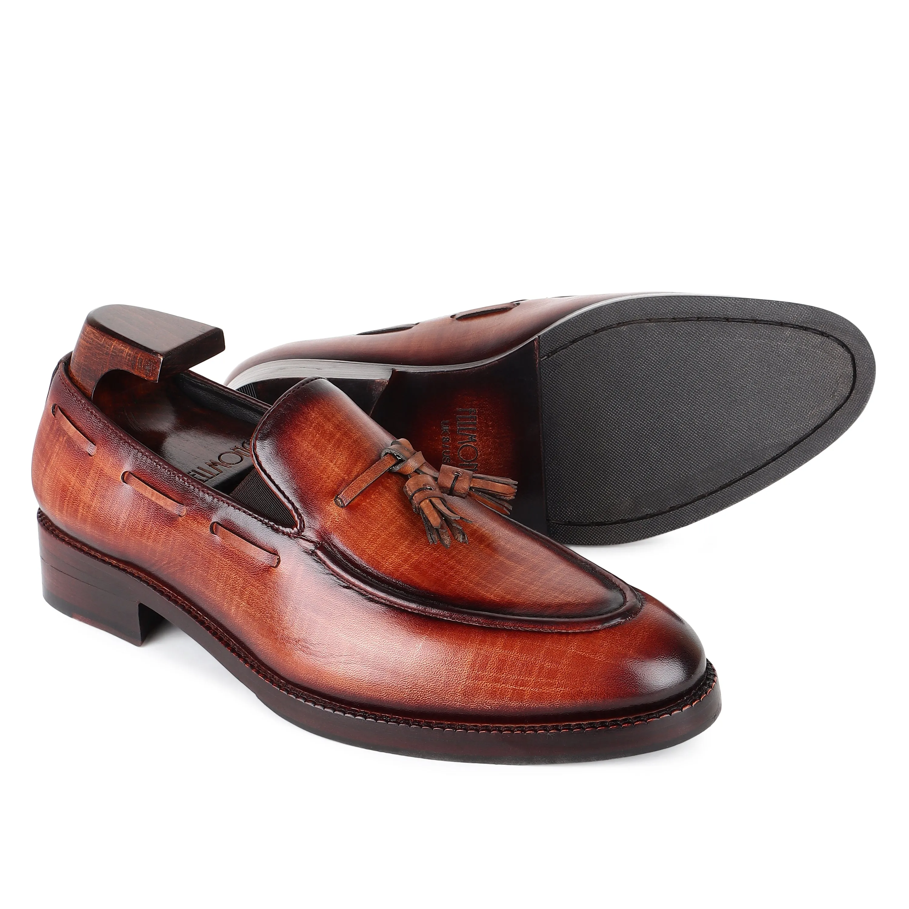 Tan Mirror Glossed Check Patina Tassel Loafer