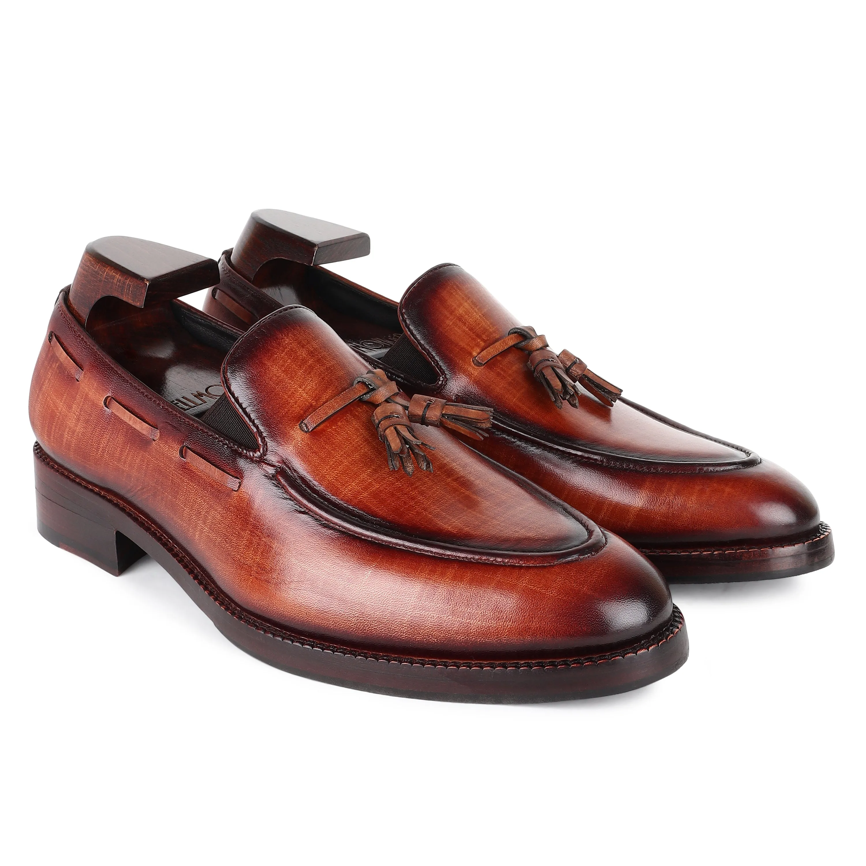 Tan Mirror Glossed Check Patina Tassel Loafer