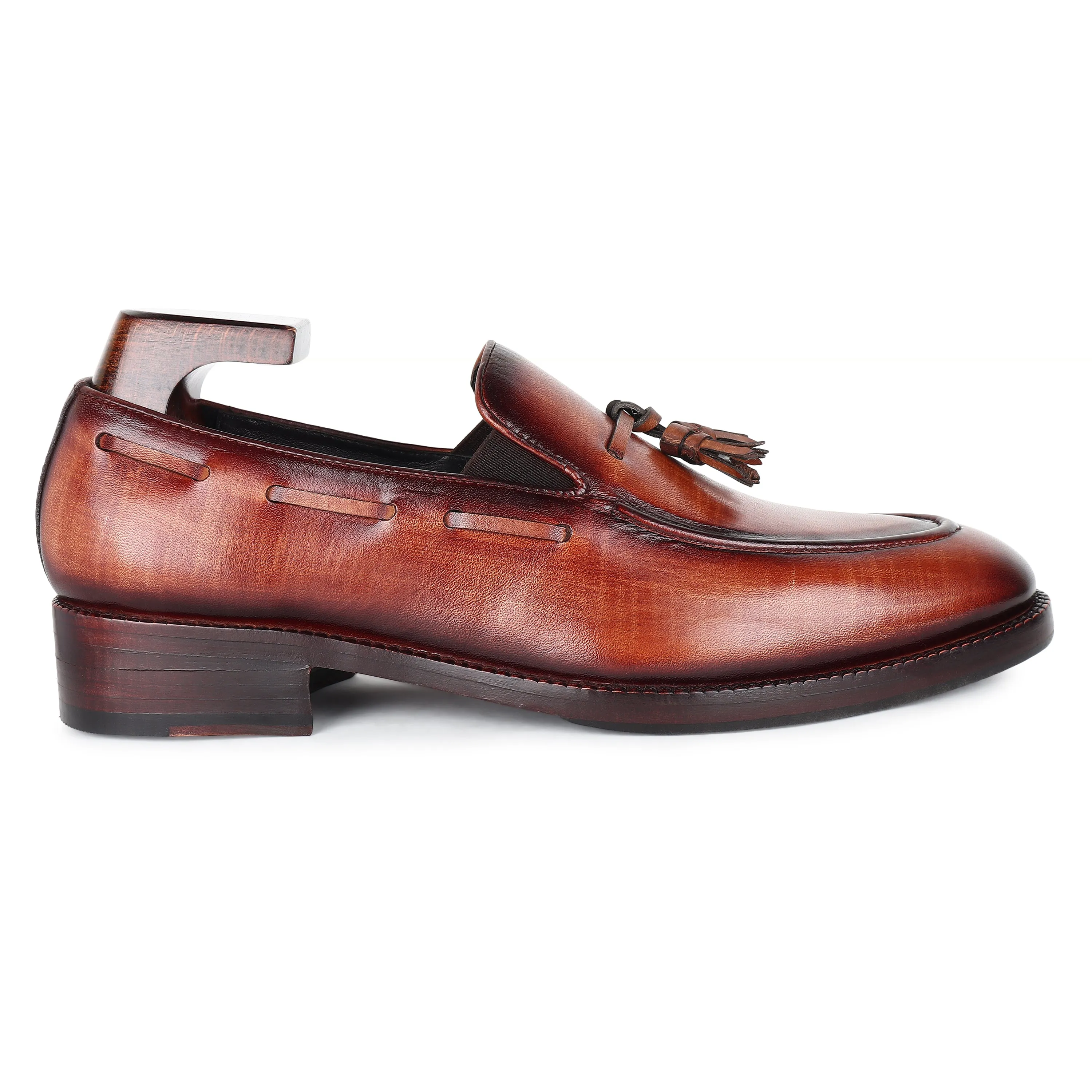 Tan Mirror Glossed Check Patina Tassel Loafer