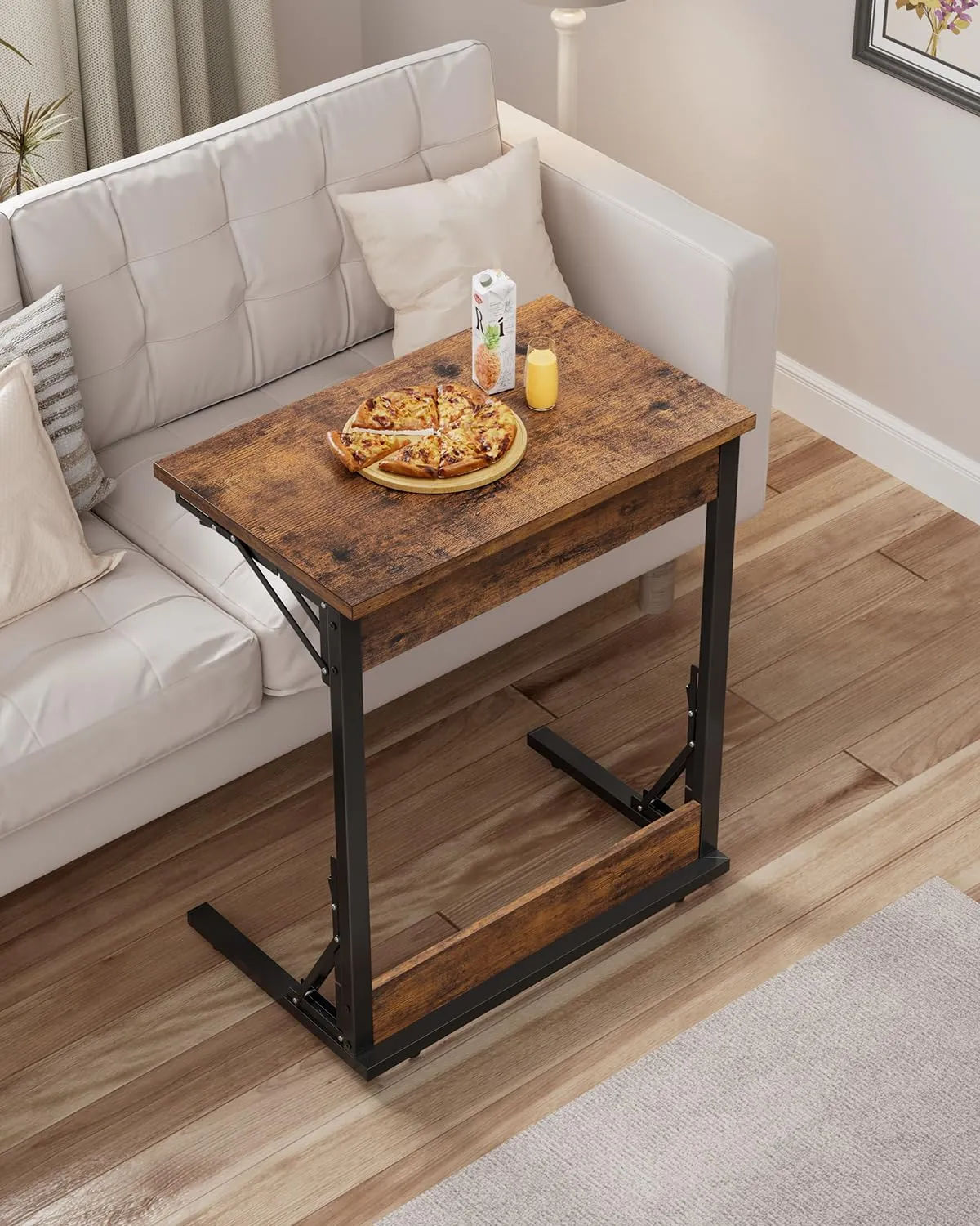 Tatub Folding TV Tray Table, 24" Wide C-Shaped End Table for Couches, Small Sofa-Side Laptop Desk with Metal Frame for Living Room, Bedroom, Rustic Brown