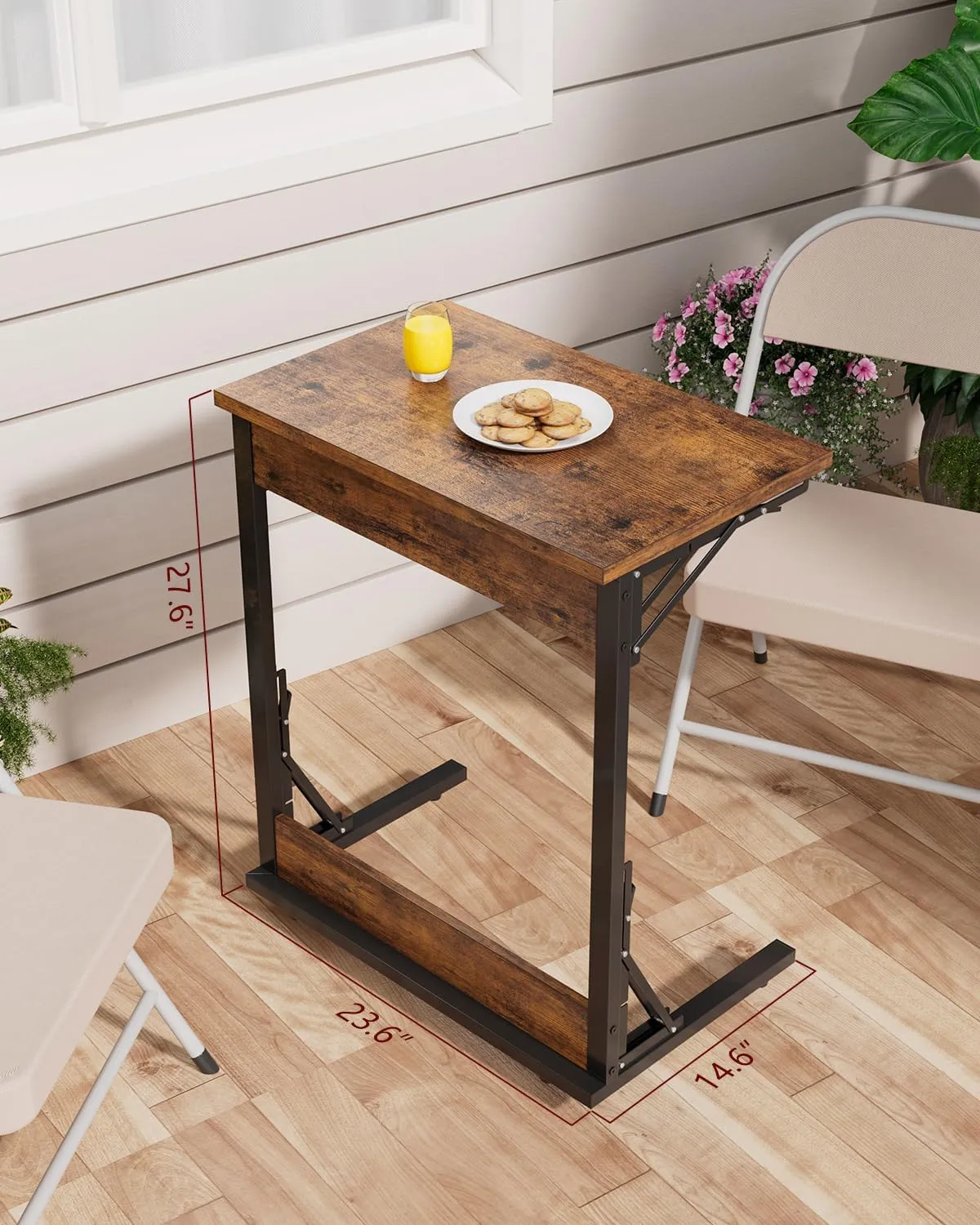 Tatub Folding TV Tray Table, 24" Wide C-Shaped End Table for Couches, Small Sofa-Side Laptop Desk with Metal Frame for Living Room, Bedroom, Rustic Brown