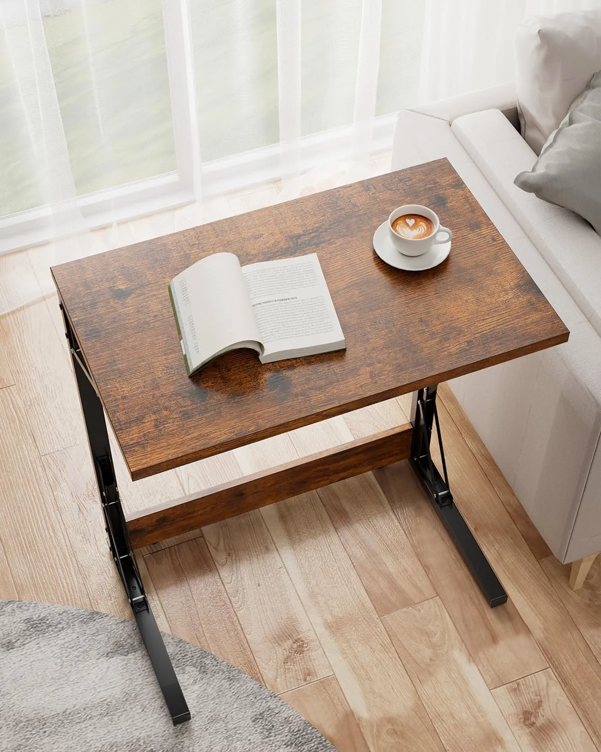 Tatub Folding TV Tray Table, 24" Wide C-Shaped End Table for Couches, Small Sofa-Side Laptop Desk with Metal Frame for Living Room, Bedroom, Rustic Brown