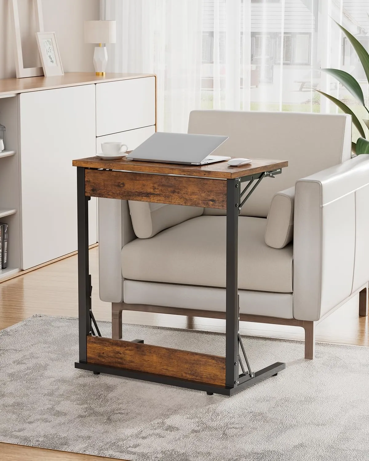 Tatub Folding TV Tray Table, 24" Wide C-Shaped End Table for Couches, Small Sofa-Side Laptop Desk with Metal Frame for Living Room, Bedroom, Rustic Brown