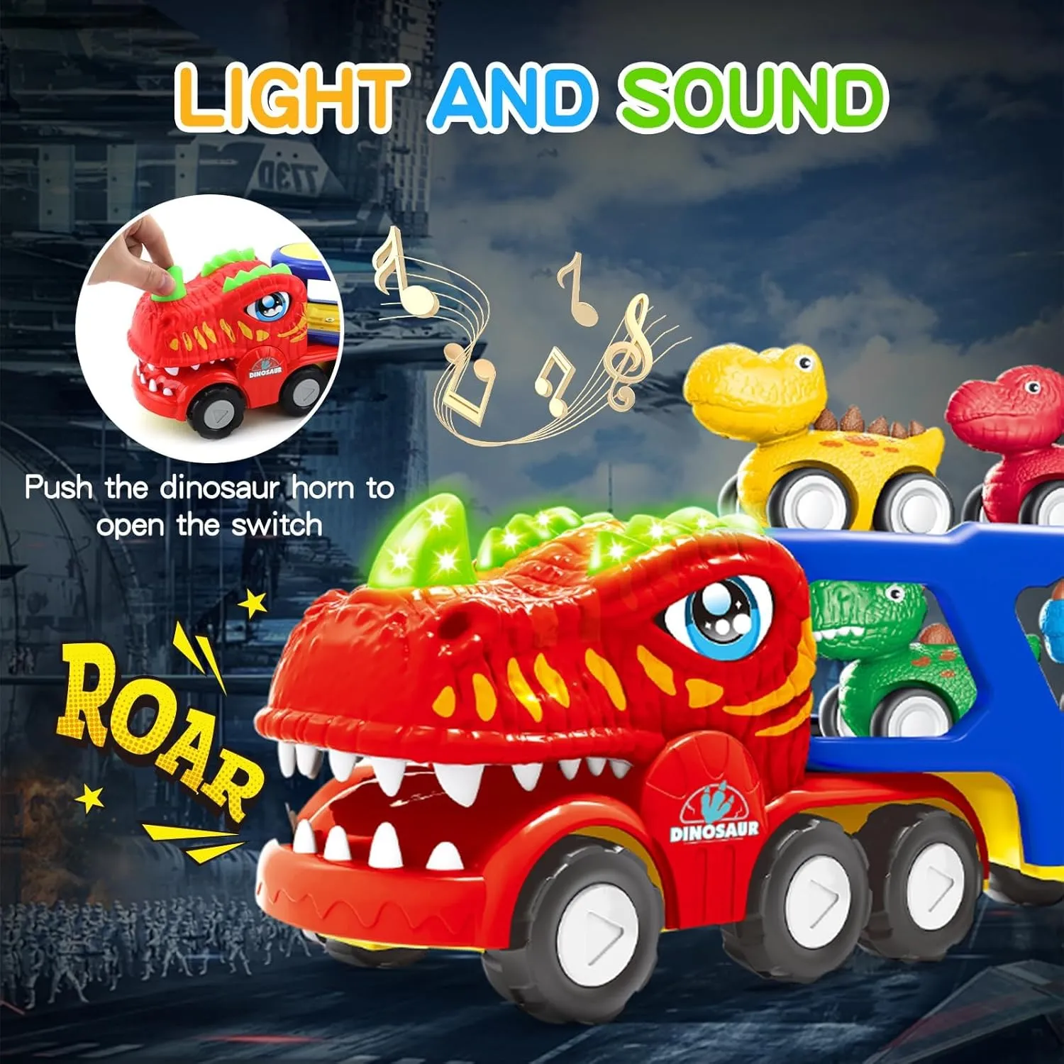 Toddler Car Toys for 1 2 3 4 Year Old Boy Kids Toys, 5-in-1 Dinosaur Transport Carrier Trucks Toys for Boys 1-3 with Sounds & Lights, Toddler Toys for Boys 1-2 2-4 Dinosaur Toys for Kids 3-5 4-6