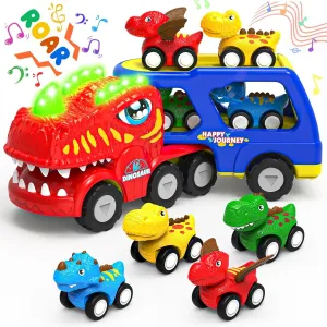 Toddler Car Toys for 1 2 3 4 Year Old Boy Kids Toys, 5-in-1 Dinosaur Transport Carrier Trucks Toys for Boys 1-3 with Sounds & Lights, Toddler Toys for Boys 1-2 2-4 Dinosaur Toys for Kids 3-5 4-6