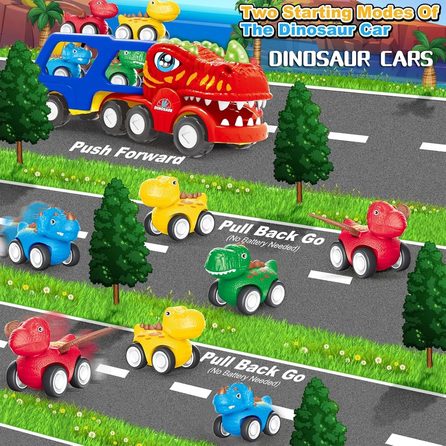 Toddler Car Toys for 1 2 3 4 Year Old Boy Kids Toys, 5-in-1 Dinosaur Transport Carrier Trucks Toys for Boys 1-3 with Sounds & Lights, Toddler Toys for Boys 1-2 2-4 Dinosaur Toys for Kids 3-5 4-6
