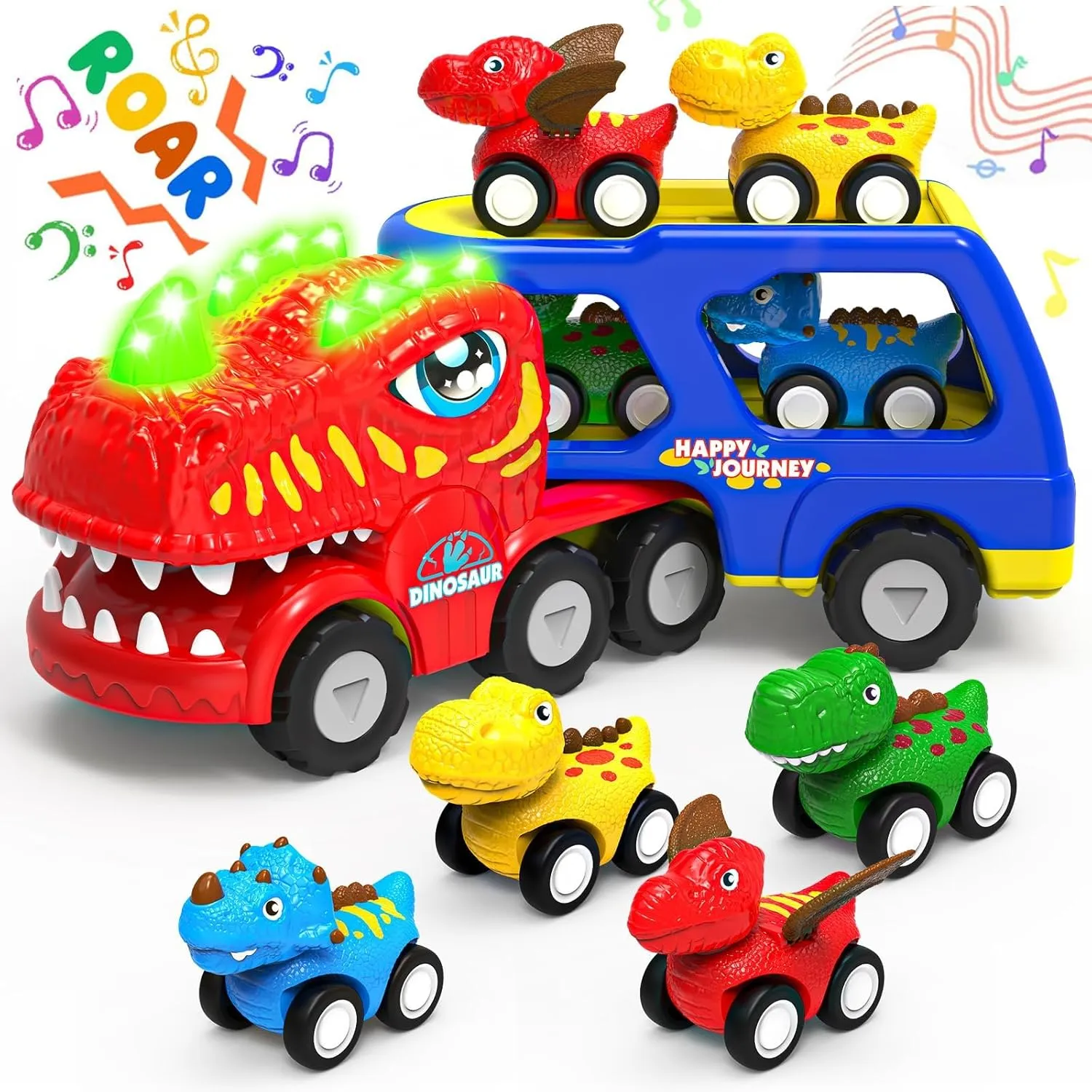 Toddler Car Toys for 1 2 3 4 Year Old Boy Kids Toys, 5-in-1 Dinosaur Transport Carrier Trucks Toys for Boys 1-3 with Sounds & Lights, Toddler Toys for Boys 1-2 2-4 Dinosaur Toys for Kids 3-5 4-6