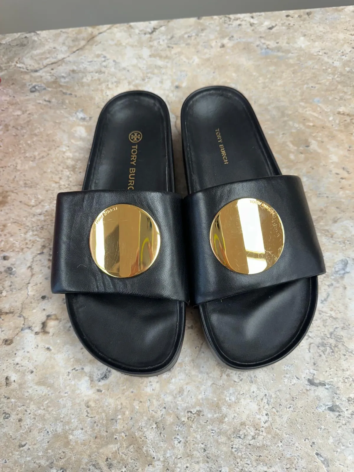 TORY BURCH PATOS LEATHER SLIDE SANDALS