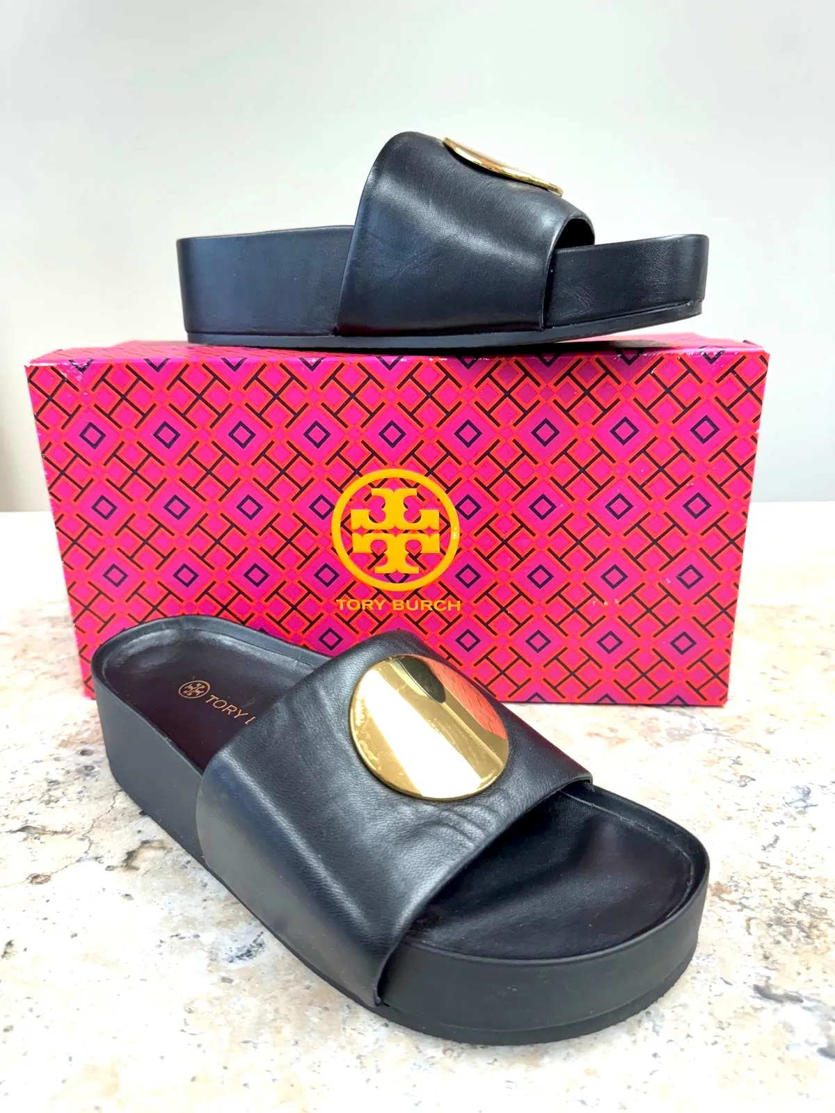 TORY BURCH PATOS LEATHER SLIDE SANDALS