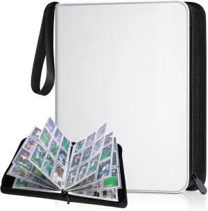 Trading Card Binder Album, PU Leather Baseball Card Binder with 900 Side Loading Pockets, Double Sided Pocket Zipper Card Binder for TCG Game Cards, Sports Cards (White)