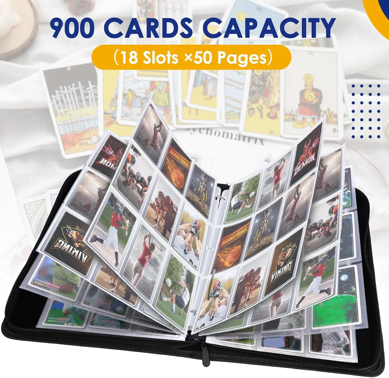 Trading Card Binder Album, PU Leather Baseball Card Binder with 900 Side Loading Pockets, Double Sided Pocket Zipper Card Binder for TCG Game Cards, Sports Cards (White)