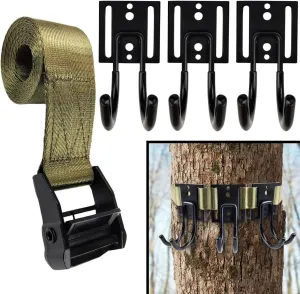 Tree Stand Gear Hanger, Comes with 3 Strong and Durable Double Tree Hooks for Hunting, with Sturdy Thick Tie Down Straps, with A Self-Locking Metal Cam Buckle,