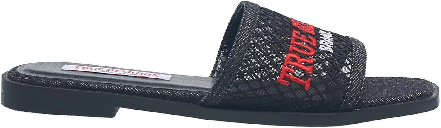 True Religion Women’s Mesh Denim Slide Sandals – Logo Strap, Casual Slip-On Comfort