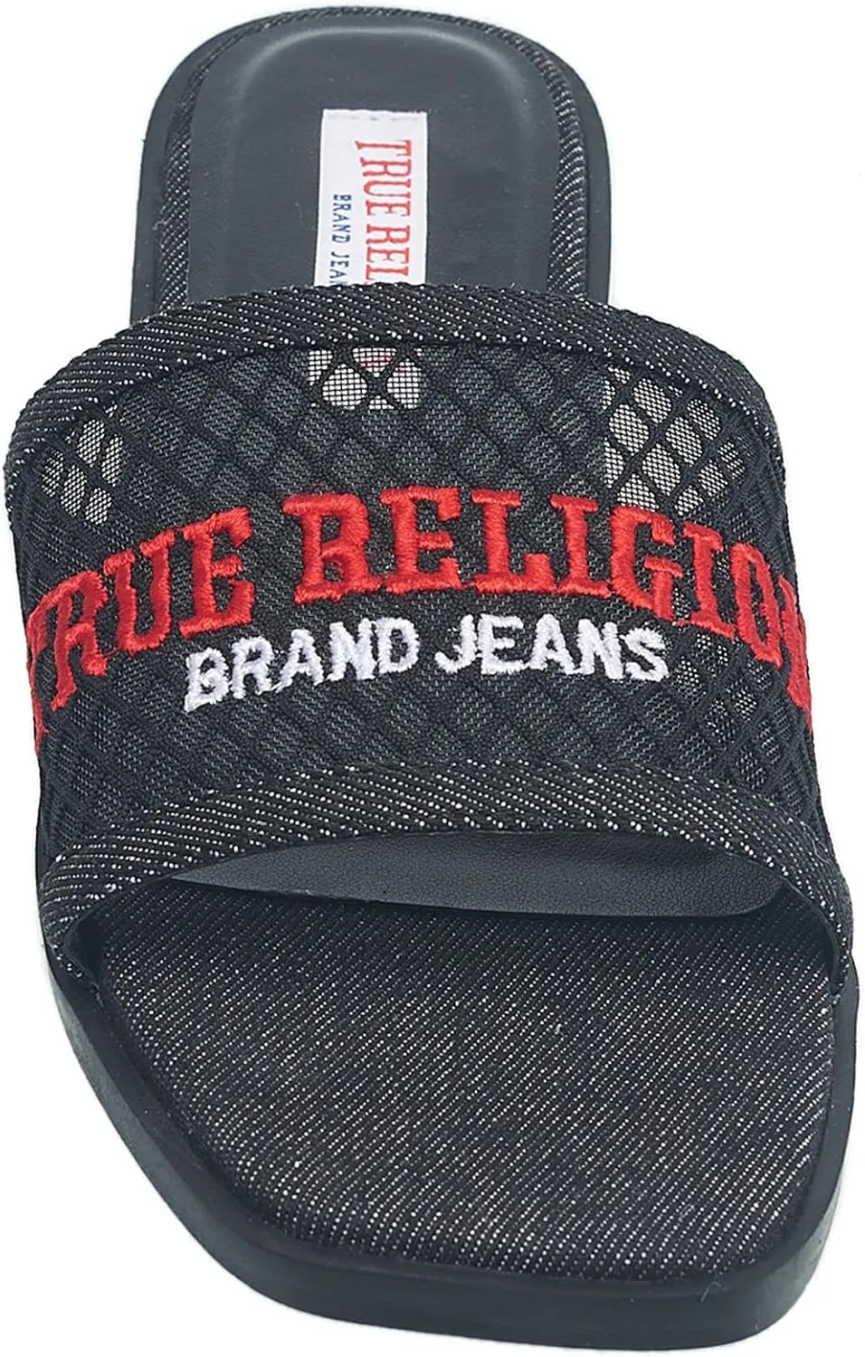 True Religion Women’s Mesh Denim Slide Sandals – Logo Strap, Casual Slip-On Comfort