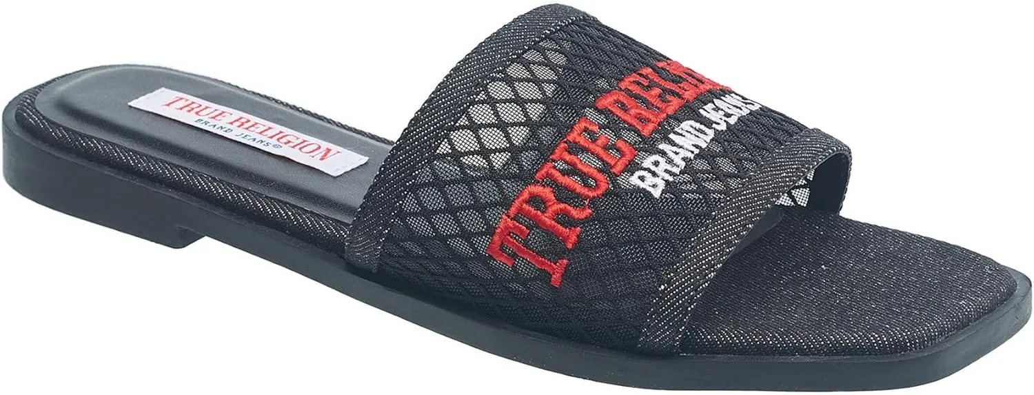 True Religion Women’s Mesh Denim Slide Sandals – Logo Strap, Casual Slip-On Comfort